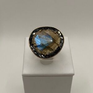 Joya Sterling Silver Gold Plated Labradorite Black Deco Diamond Ring Size 8